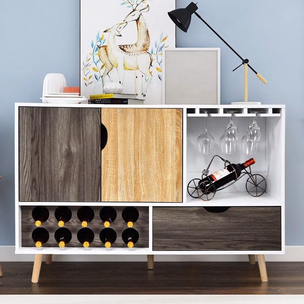 Costway Modern White Wooden Buffet Sideboard and Storage Cabinet with Wine Rack and Glass Holder – 3