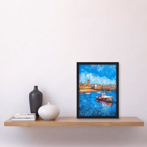 Artery8 North England Coastal Town Fishing Boats Framed Wall Art Print, Blue, A4 – 4