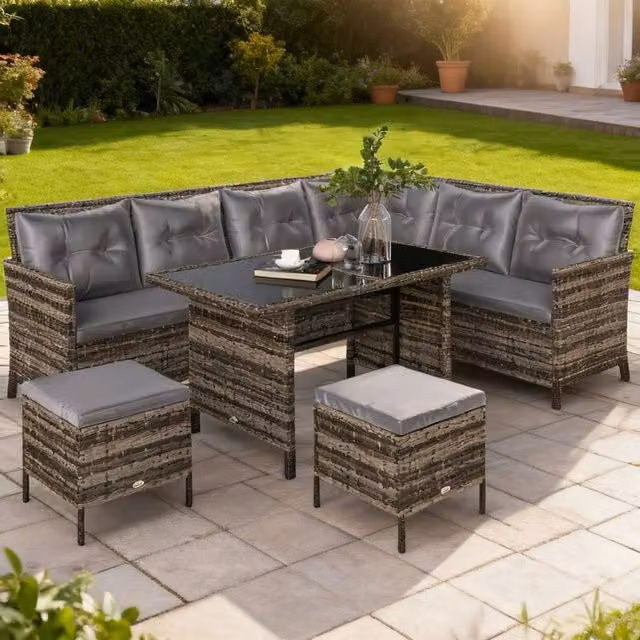 ERGOVEXA 8-Seater L-Shape Patio Wicker Sofa Set in Grey with Polyrattan Design, Ottoman and Coffee Table