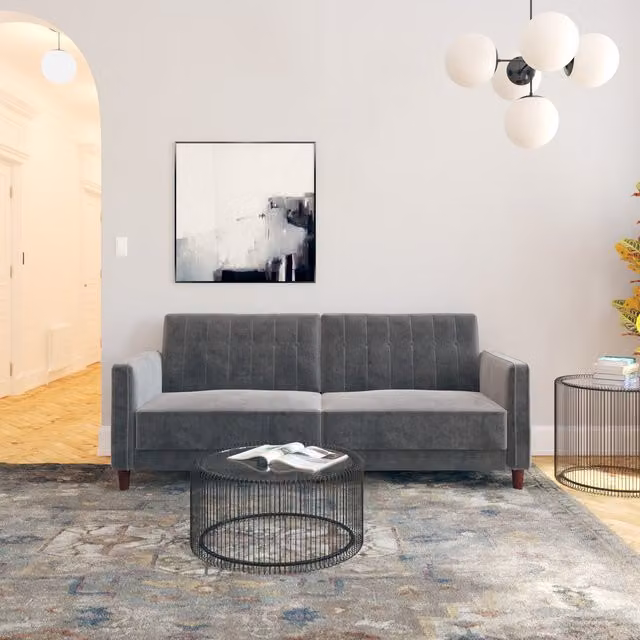 Dorel Home Pin Tufted Transitional Grey Velvet Upholstered Sofa Bed with Sleeping Function