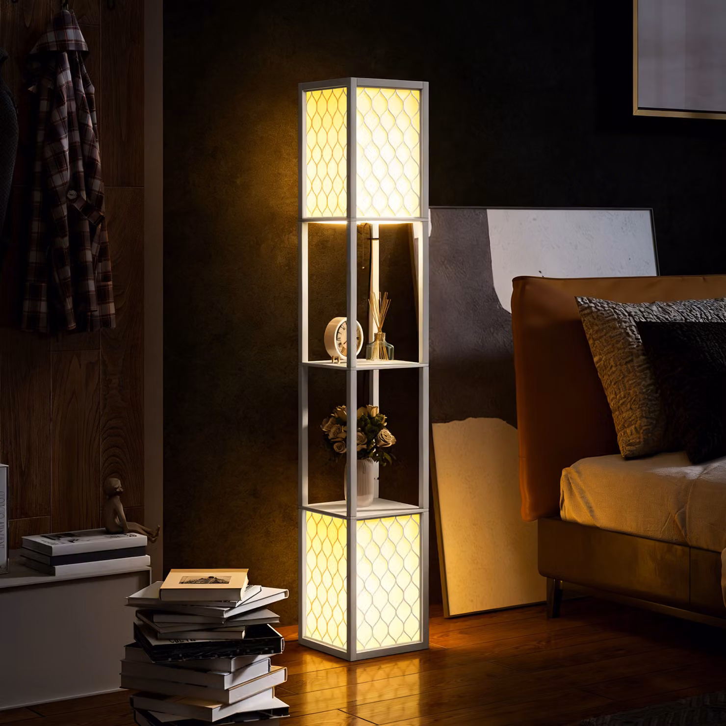 HOMCOM Modern White Floor Lamp with Shelves and Dual Up and Down Lighting – 2