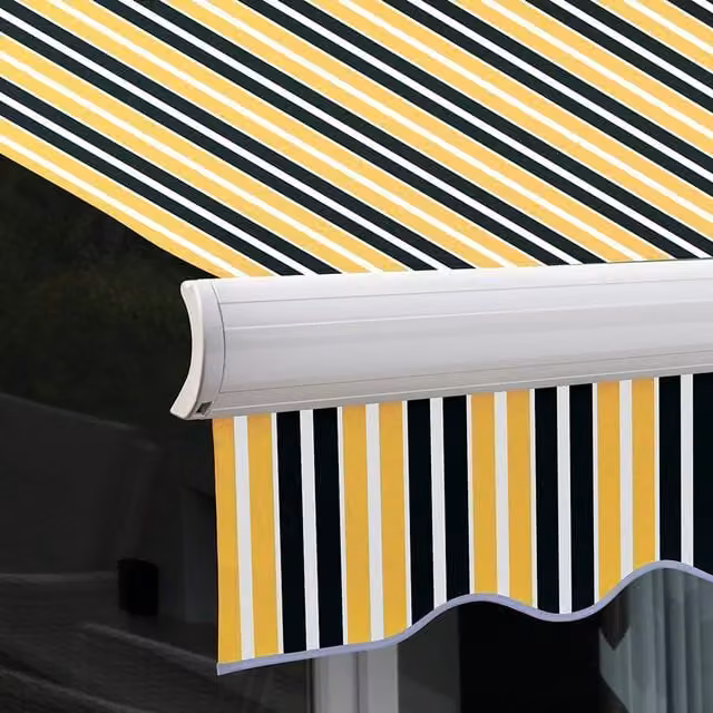 Primrose Electric Full Cassette Patio Awning with 2m Canopy in Yellow and Grey Stripe