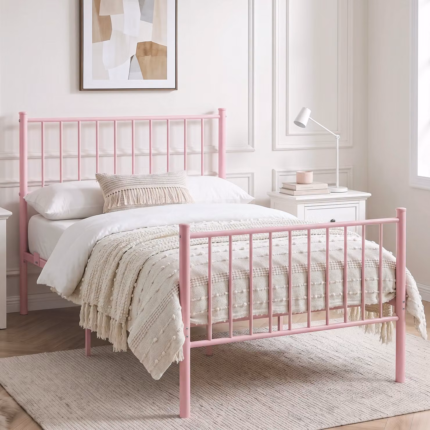 DHS Pink Lacquered Metal Vertical Bed Frame with High Headboard, W/D/H: 100 x 200 cm
