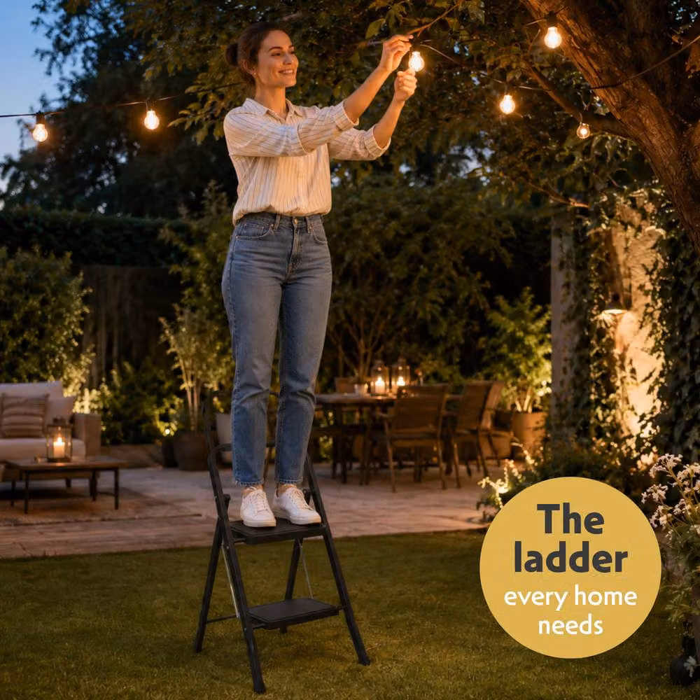 Futura 2 Step Black Heavy-Duty Steel Folding Step Ladder with Rubber Feet – 8