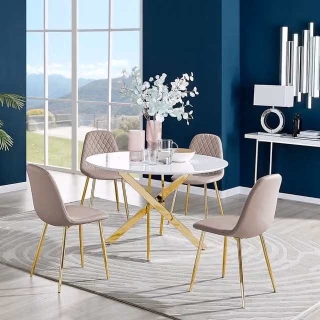 FurnitureboxUK Novara Round White Gloss Dining Table with 4 Corona Gold Leg Chairs, Cappuccino