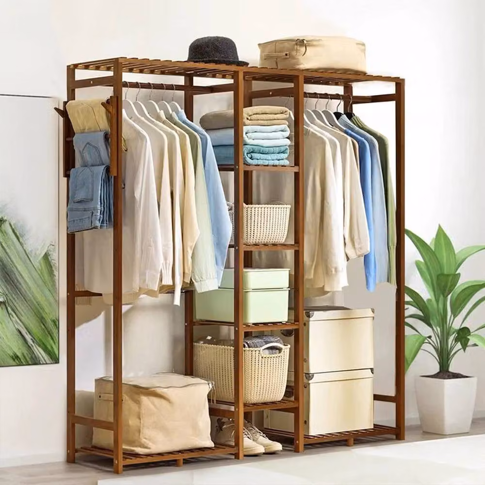 EONLION Brown Wooden Wardrobe Clothes Rail Rack, W/D/H: 153 x 30 x 146.5 cm – 4