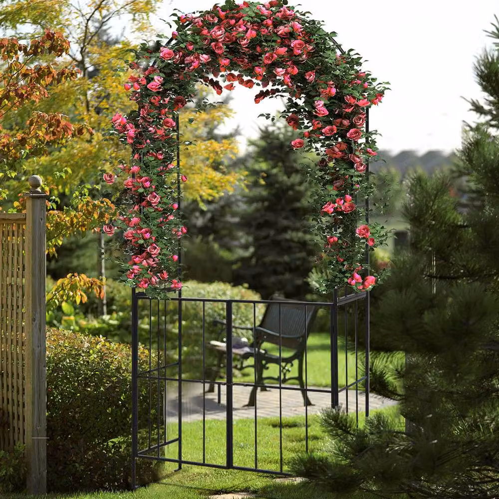 Costway Heavy-Duty Metal Garden Arch Arbor Trellis with Gate in Black, Height: 230 cm – 2