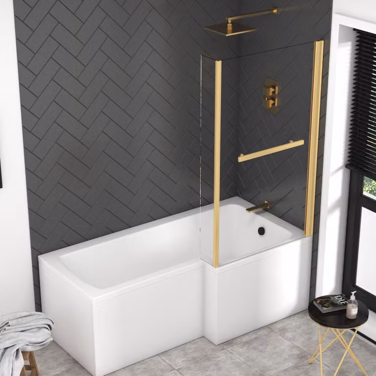 Qubix Right Hand L Shaped Asymmetric Shower Bath with Brushed Brass Screen, White, W: 170 cm, D: 85 cm