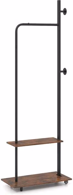 Costway Rolling Wooden Clothing Rack with Hanging Rod and Side Hooks in Brown