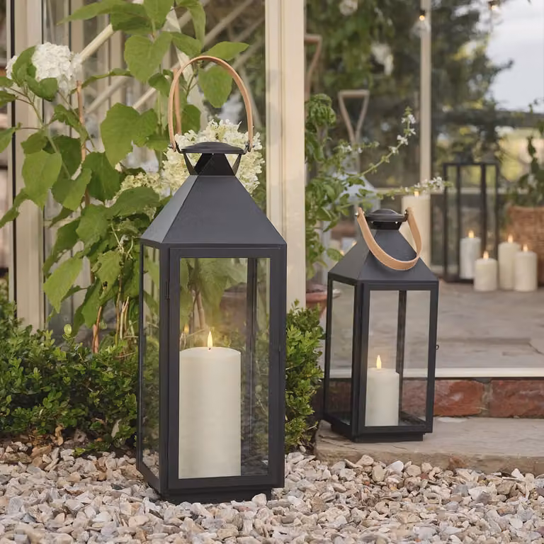 Lights4fun Brixham Leather Handle Lantern Duo with TruGlow Candles in Black Metal