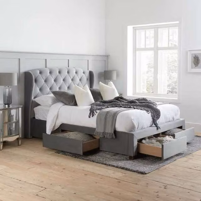 Birlea Hope Upholstered Double Bed in Grey with Drawers, W/D/H: 140 x 200 cm
