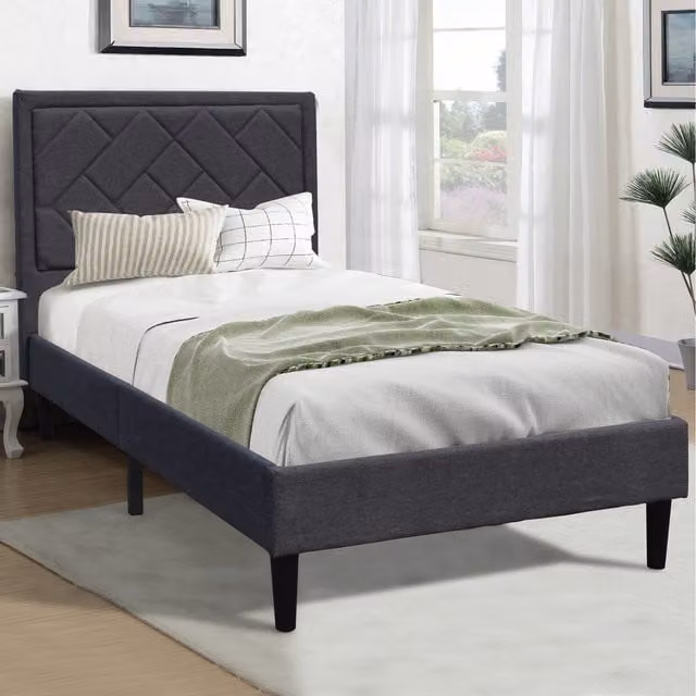 Comfy Living Minimalist Upholstered Bed Frame with Padded Headboard in Grey Fabric