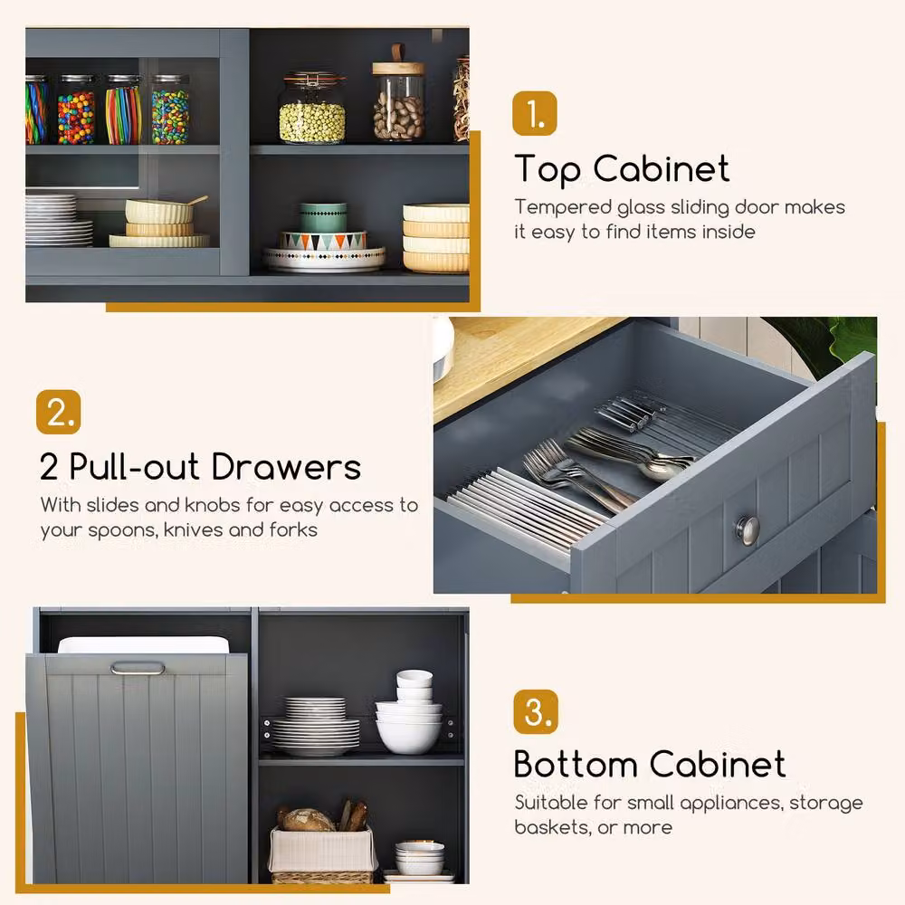 Costway Double Tilt Out Trash Cabinet with Hutch Kitchen Pantry Storage Cabinet in Grey – 5