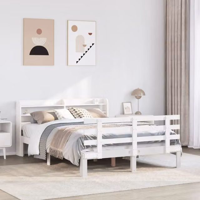 Berkfield Home Double Bed Frame with Headboard and Side Compartments in White Pine Wood, W/D/H: 135 x 190 cm