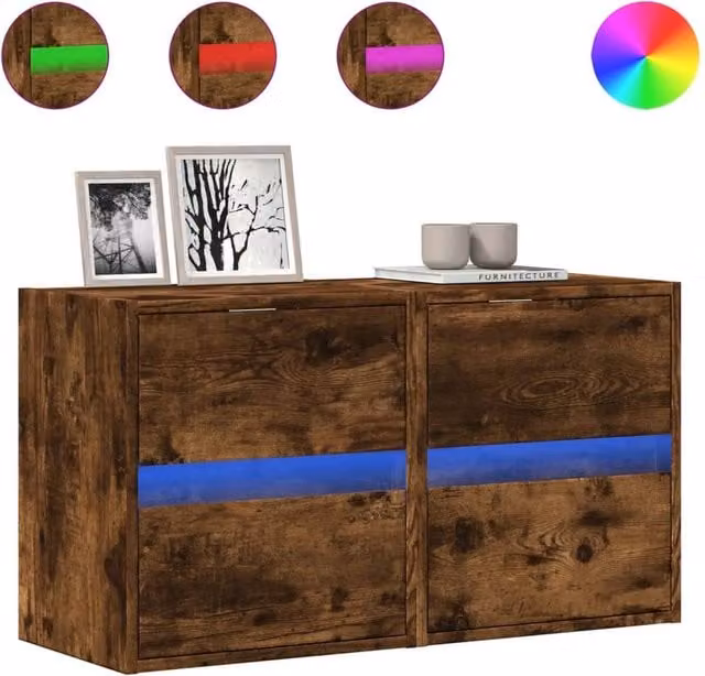 Berkfield Home Set of 2 Modern Wall Mounted TV Cabinets with LED Lighting in Smoked Oak Brown, W/D/H: 41 x 31 x 45 cm
