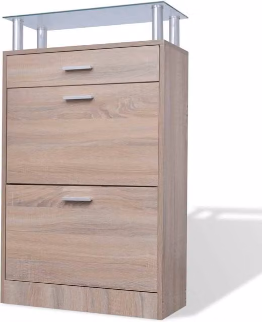 Berkfield Home Shoe Cabinet in Light Brown Oak Look with Drawer and Glass Top Shelf – 1