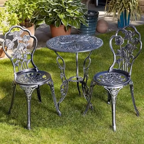 Home Source Rose 3 Piece Bistro Set in Grey with Floral Design, Round Table and 2 Chairs, Powder Coated Aluminium, W/D/H: 60 x 60 x 66 cm
