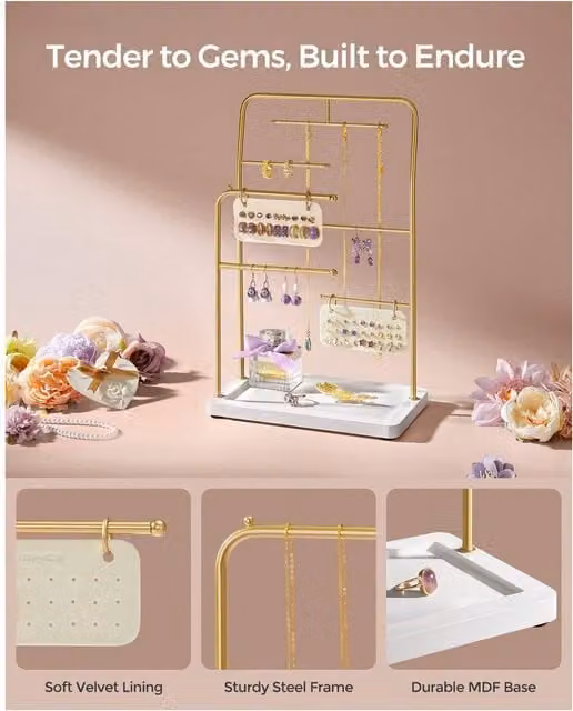 SONGMICS Jewellery Organiser Display Stand with Metal Frame, Gold and White