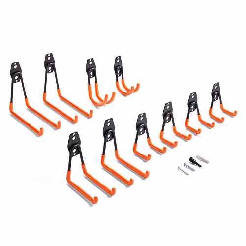 VonHaus Wall Mounted Garage Tool Hooks in Black and Orange, Pack of 10 Steel Hooks