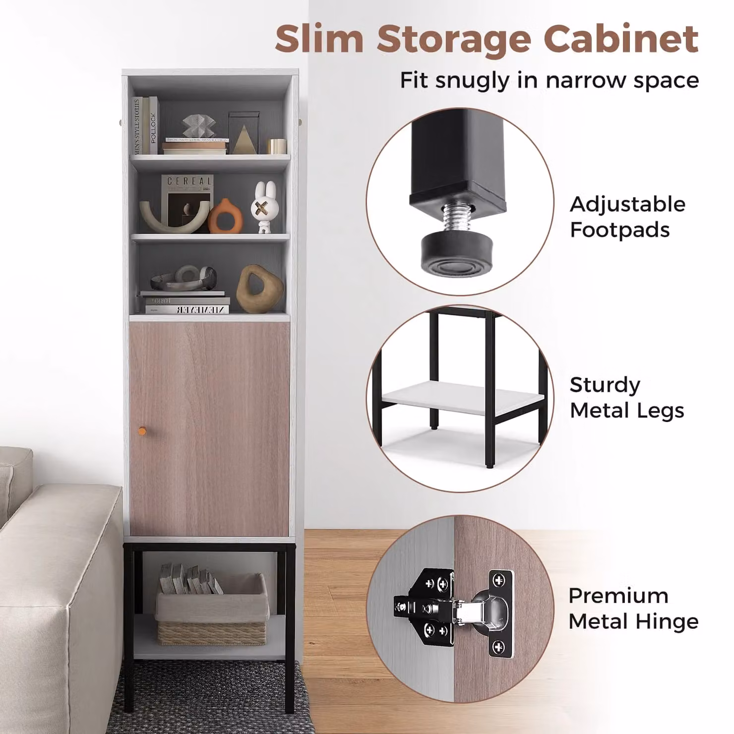 Gymax Tall Freestanding Slim Storage Cabinet in White with Hinged Doors and Open Shelf, H 146 x W 30 x D 38 cm – 3