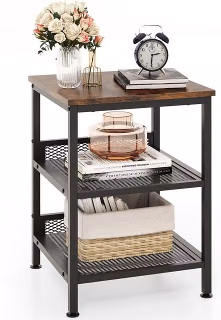 Costway 3-Tier Industrial Square Side Table in Brown