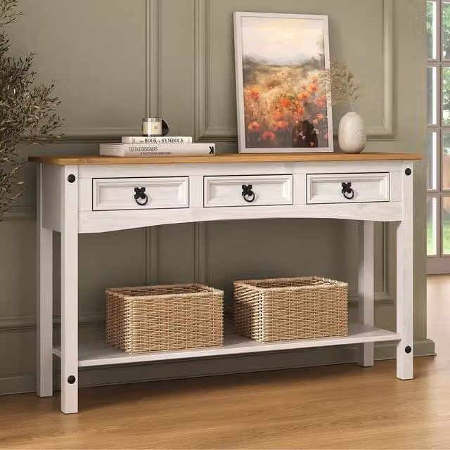 Mews Corona 3 Drawer Console Table in White Pine Wood