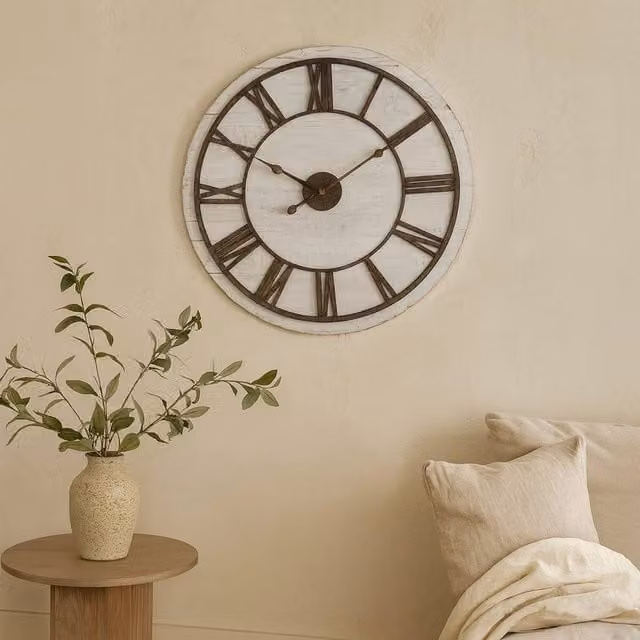 Wyld Haus Rustic Whitewashed Wooden Wall Clock with Bronze Aged Metal Roman Numerals, Diameter: 70 cm, White and Bronze