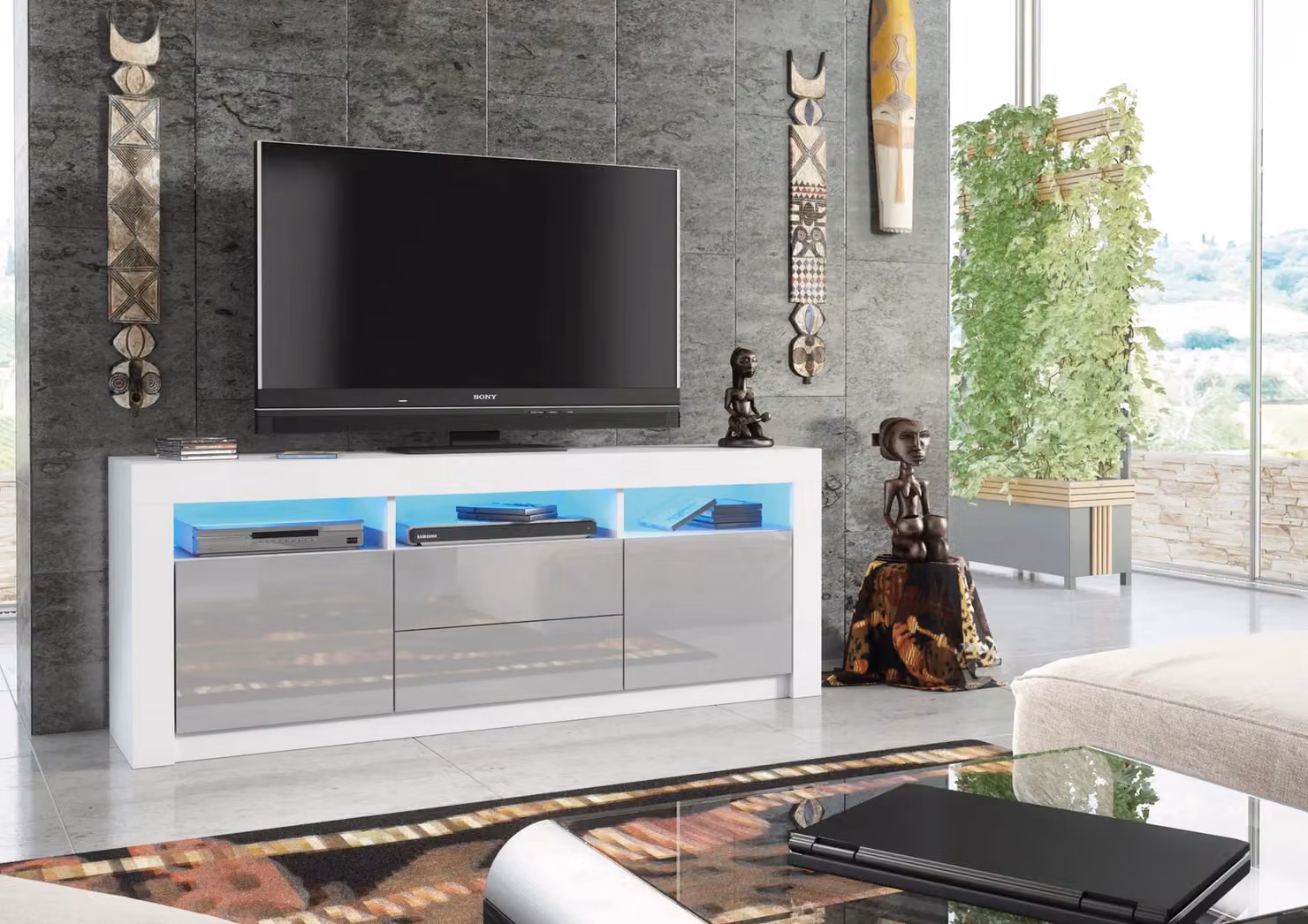 Mex Furniture LTD Modern TV Unit with Matt Body and Gloss Doors in Light Grey, W: 160 cm, D: 35 cm, H: 60 cm – 3