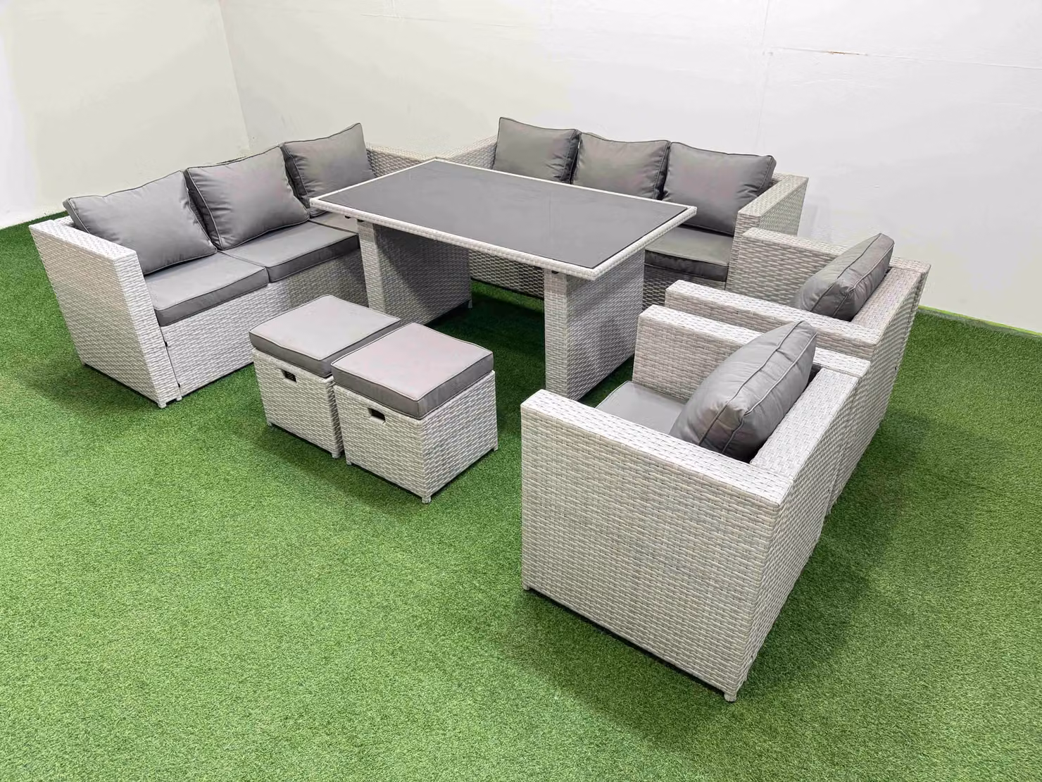 Fimous 10 Seater Outdoor Dining Set with 3 Seater Sofa and 2 Small Stools in Light Grey