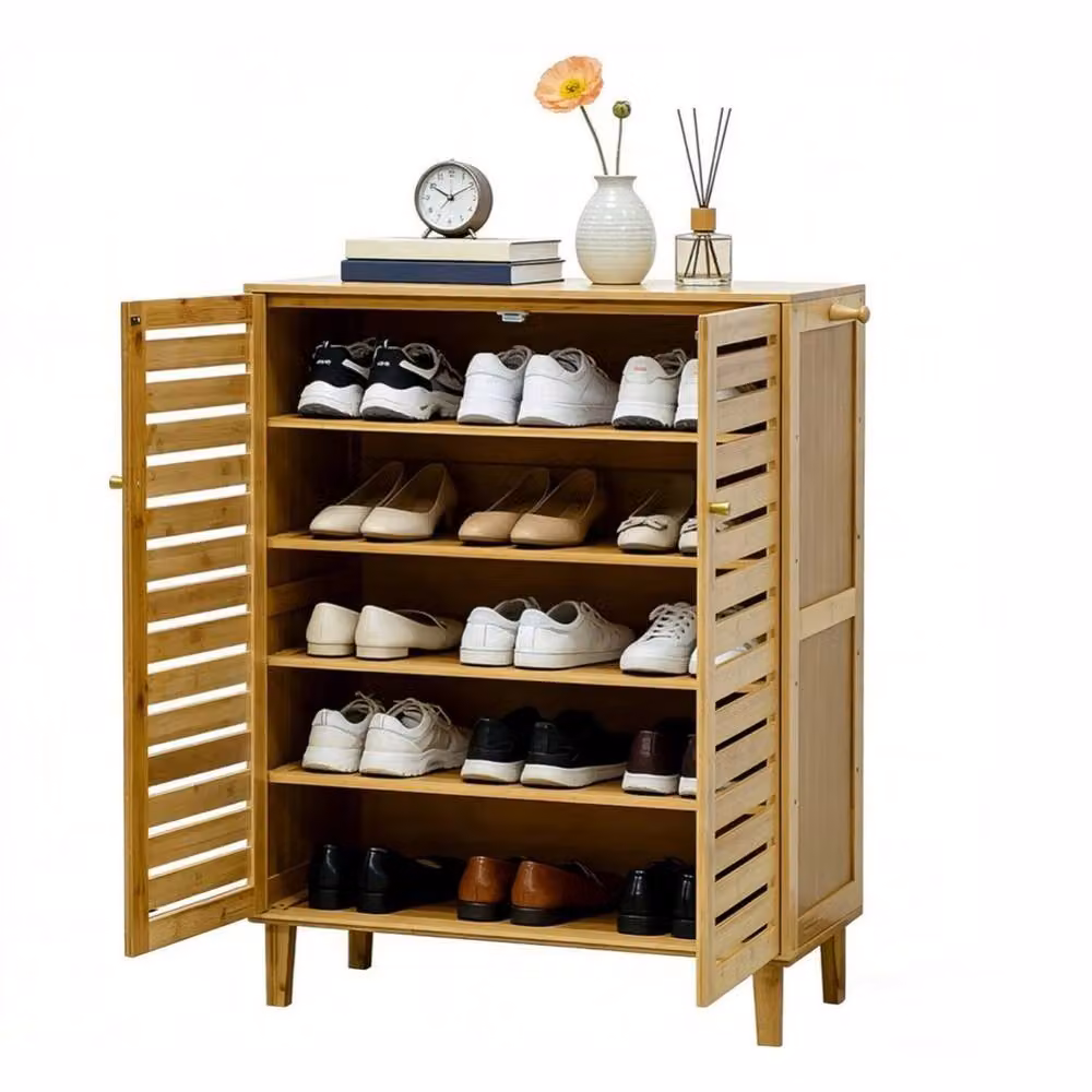 NESTLUNE 2 Door 5-Tier Tall Wood Shoe Cupboard Organizer in Brown, H 100 cm x W 100 cm x D 15 cm – 5