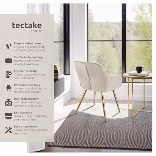 tectake Marilyn Set of 6 Modern Dining Chairs with Velvet Fabric and Gold Metal Legs in Cream/Gold – 3