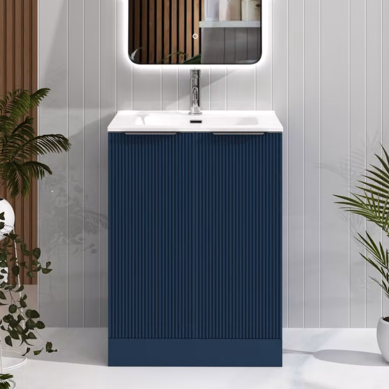 Royal Bathrooms Evora 700mm Midnight Blue Fluted Floor Standing 2 Door Vanity Unit with Ceramic Basin