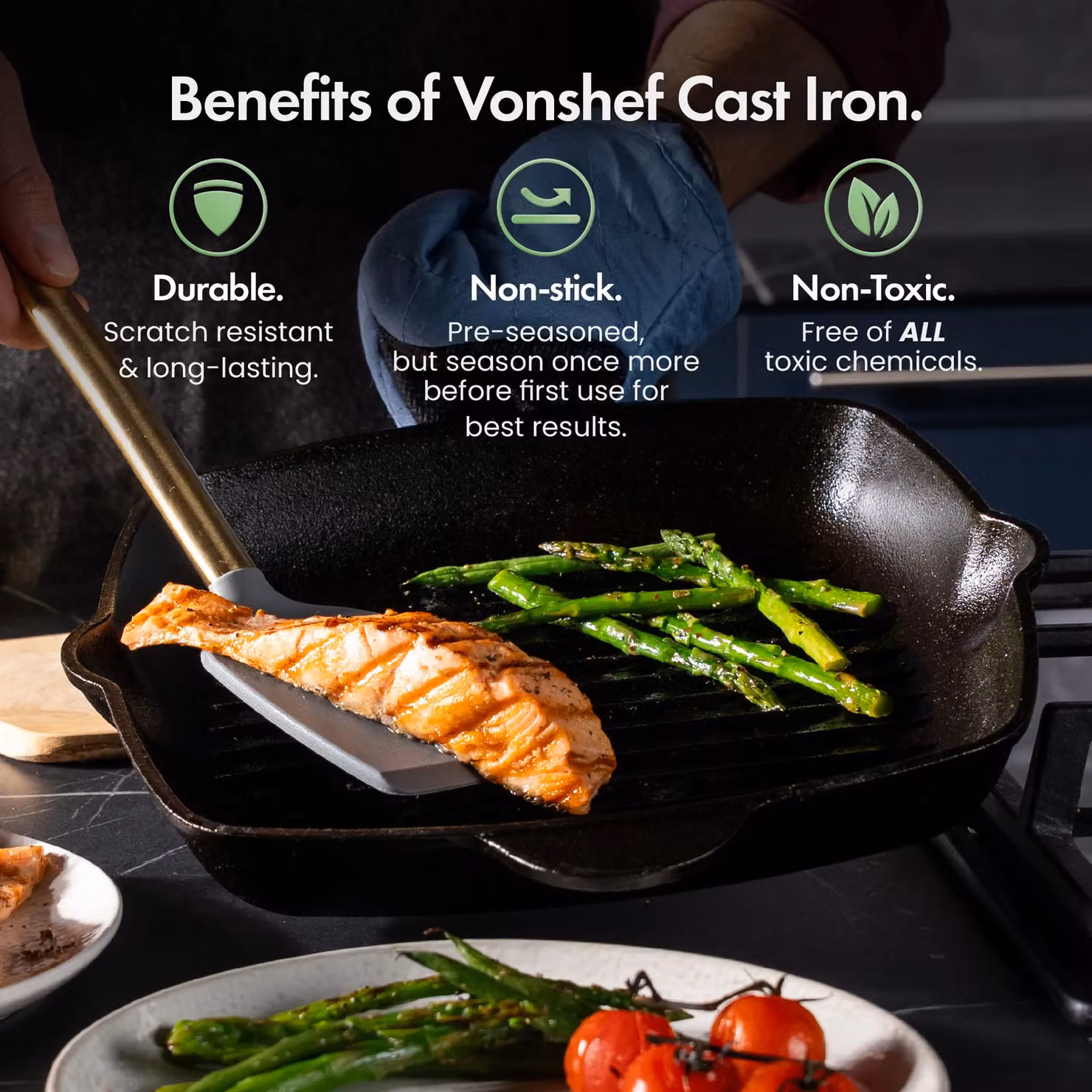 VonShef Pre-Seasoned Cast Iron Griddle Pan in Black – 2