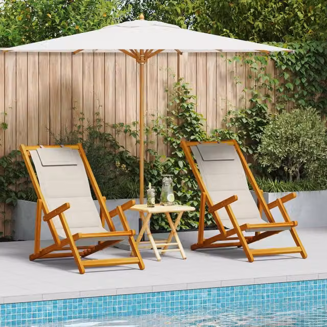 Berkfield Home 2 Pack of Folding Beach Chairs in Light Grey Acacia Wood and Textilene