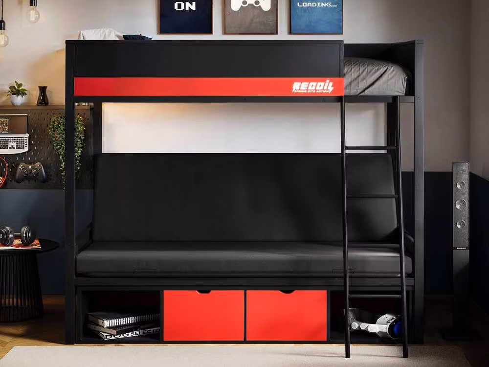 Flair Nova Metal Gaming Bunk Bed with Cotton Futon and Storage Drawers, Black and Red, Single Size (90 x 200 cm) – 2