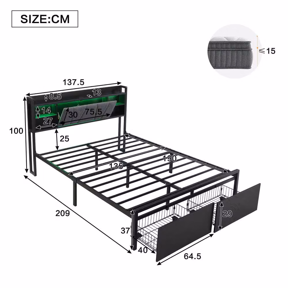 BTM Black Metal Bed with LED Lighting, USB Charging Ports and Storage Drawers, 140 x 200 cm – 3
