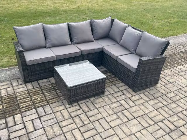 Fimous 6 Seater Dark Grey Wicker PE Rattan Outdoor Garden Furniture Set with High Back Corner Sofa, Armchair and Square Coffee Table