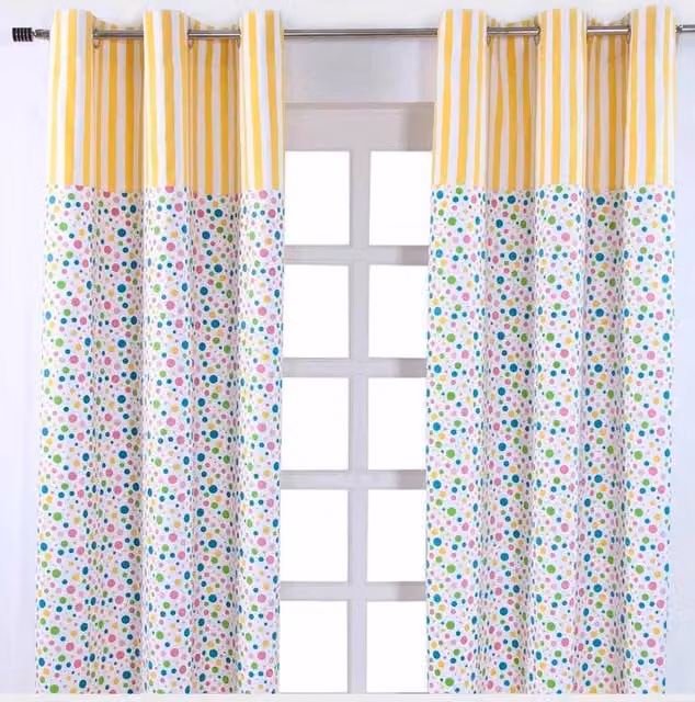Homescapes Polka Dot Cotton Eyelet Curtain Pair in Blue, Yellow and White, Width: 140 cm, Drop: 183 cm