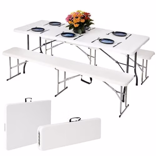 NOVECRAFTO White Folding Table and Bench Set with HDPE Plastic and Steel Frame – 1