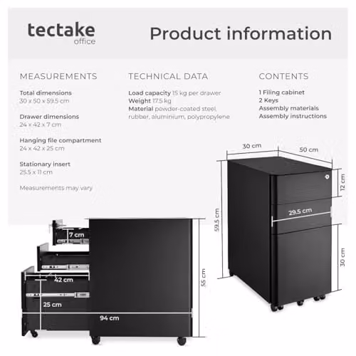 tectake Lockable Mobile Filing Cabinet in Black Steel with 2 A4 Drawers and 1 Hanging File Drawer, W/D/H: 59.5 x 50 x 59.5 cm – 3