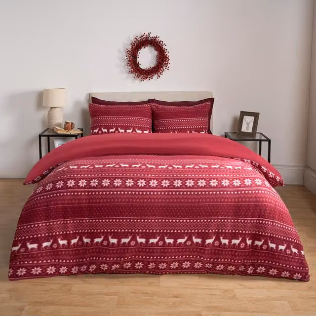 OHS Nordic Christmas Polar Fleece Duvet Set, Red, W: 140 cm, L: 200 cm