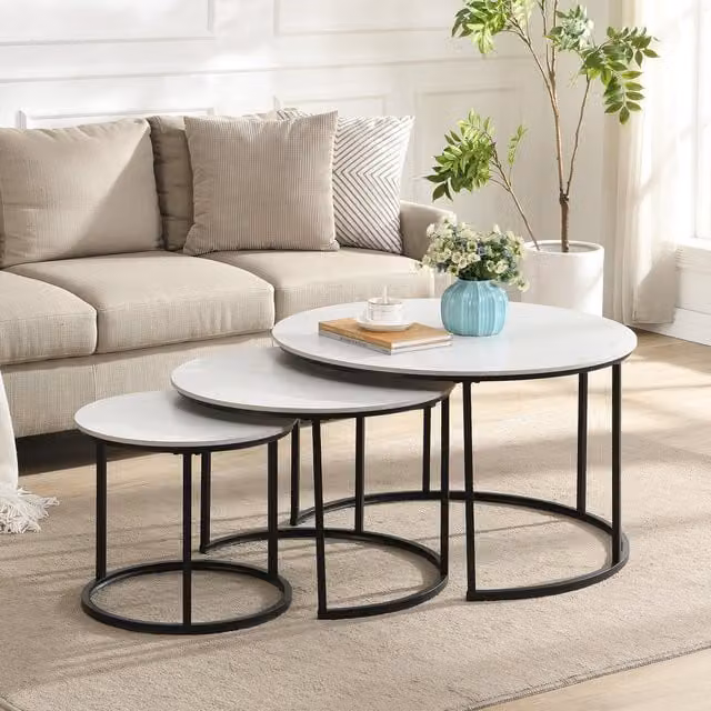 Artemis Home Orbis Nest of Tables Set of 3, White and Transparent Round Marble and Glass Tops with Metal Sled Base, H 80 x W 80 x D 80 cm, H 80 x W 50 x D 50 cm, H 50 x W 50 x D 50 cm