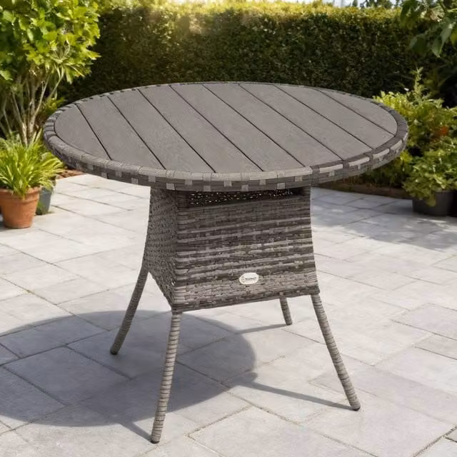 ERGOVEXA Grey Wood-Effect Rattan Round Garden Table, W: 90 cm, D: 90 cm, H: 73 cm