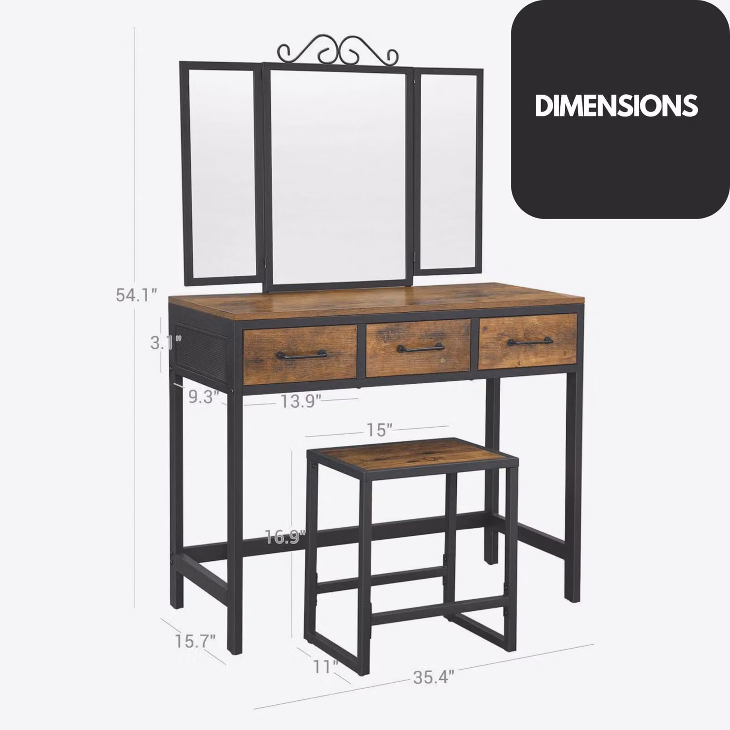 Rafaelo Mobilia Industrial Rustic Brown Dressing Table with Tri-fold Mirror and Stool – 5
