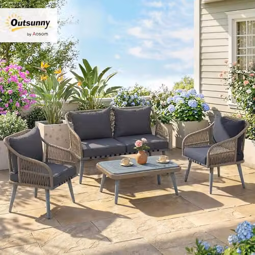 Outsunny 4 Piece Rattan Garden Furniture Set with Upholstered Cushions in Grey – 2