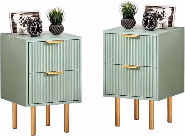 HMD Art Deco Bedside Table Set of 2 in Green and Gold