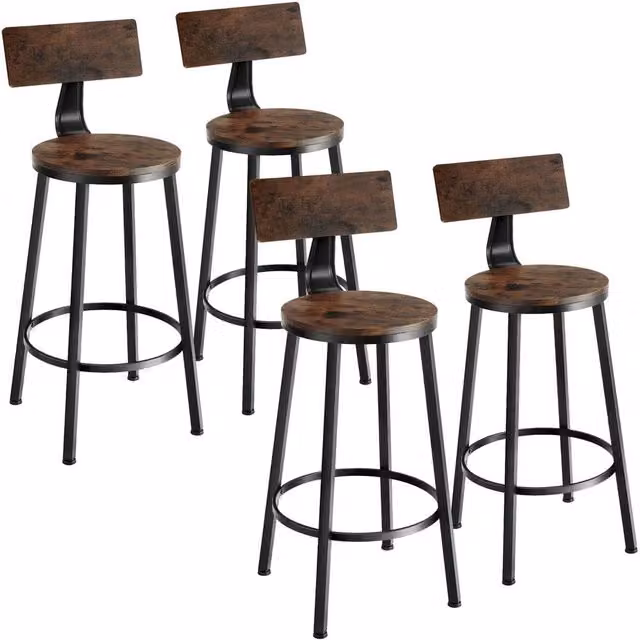 tectake Poole Industrial Set of 4 Bar Stools in Brown Wood and Metal