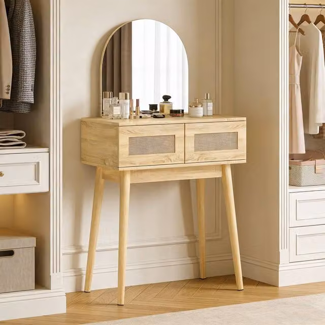 HOMCOM Modern Rattan Dressing Table with Mirror in Brown and Beige, W/D/H: 130.0 x 43.5 x 76.0 cm – 1