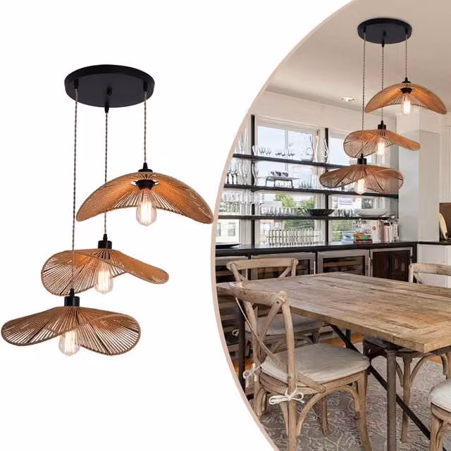 NIVOR 3-Light Rattan Farmhouse Cluster Pendant Light, Brown Boho Style Suspended Ceiling Chandelier – 1