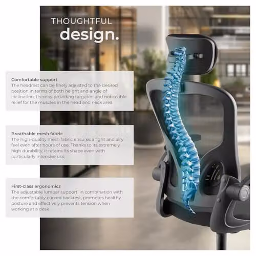 tectake Ergonomic Office Chair in Black with Mesh Backrest, Headrest and 360 Degree Swivel Function – 5